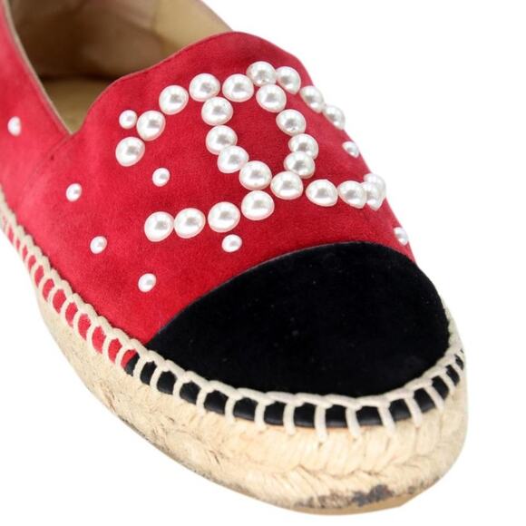 Chanel Espadrille 37 Suede and Faux Pearl Cc Cap-toe Flats CC-S0207P-C042 - Picture 6 of 9